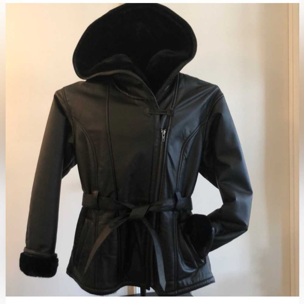 Wilsons Leather Black Hooded Faux Shearling Trim Jacket